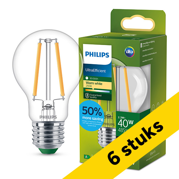 Aanbieding: 6x Philips LED lamp E27 | UltraEfficient | Peer A60 | Filament | 2700K | 2.3W (40W) LPH04089 - 1