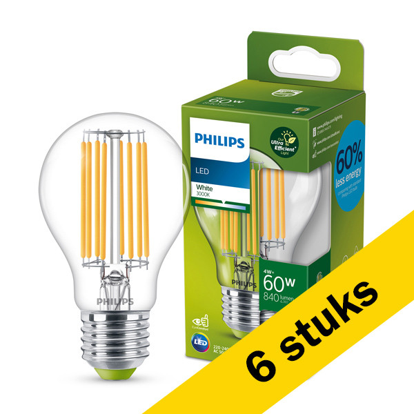Aanbieding: 6x Philips LED lamp E27 | UltraEfficient | Peer A60 | Filament | 3000K | 4W (60W) LPH02574 - 1