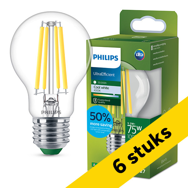 Aanbieding: 6x Philips LED lamp E27 | UltraEfficient | Peer A60 | Filament | 4000K | 5.2W (75W) LPH04095 - 1