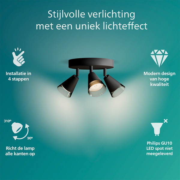 Philips Cleft plafondspot | 3x GU10 | Ronde basisplaat | Rookglas  LPH03769 - 3