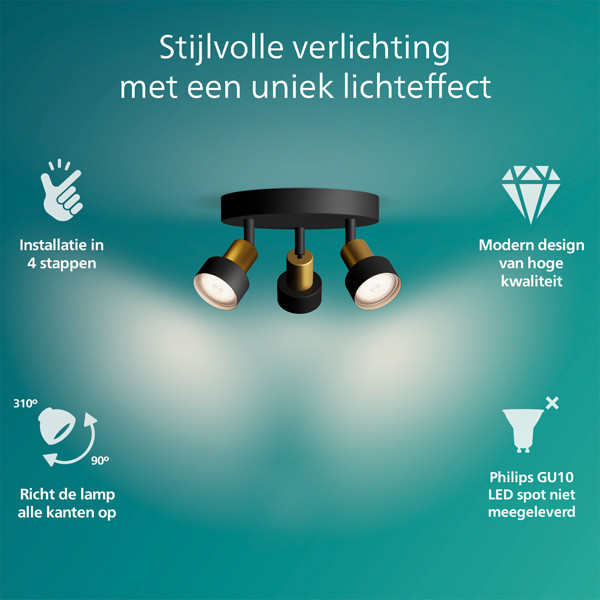 Philips Conduit plafondspot | 4x GU10 | Ronde basisplaat | Zwart/Goud  LPH03764 - 3