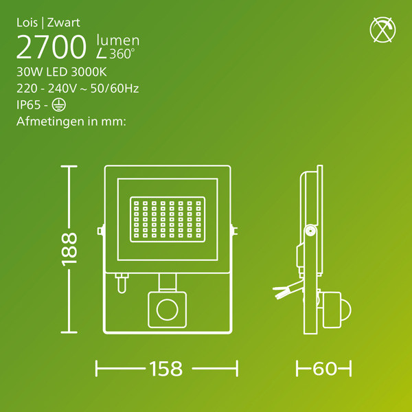 Philips Floodlight met sensor | Lois | 3000K | 3200 lumen | IP65 | 30W LPH04836 - 3