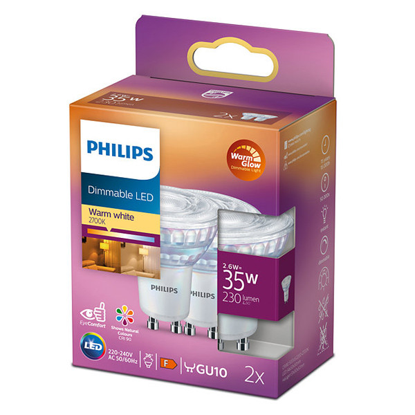 Philips GU10 LED spot | WarmGlow | 2200-2700K | Dimbaar | 2.6W (35W) | 2 stuks  LPH02689 - 1