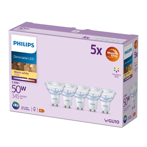 Philips GU10 LED spot | WarmGlow | 2200-2700K | Dimbaar | 3.8W (50W) | 5 stuks LPH04989 - 2