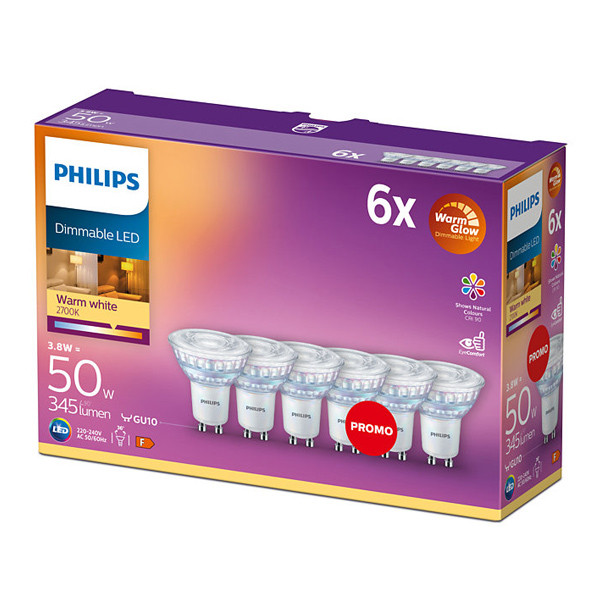 Philips GU10 LED spot | WarmGlow | 2200-2700K | Dimbaar | 3.8W (50W) | 6 stuks  LPH00939 - 1