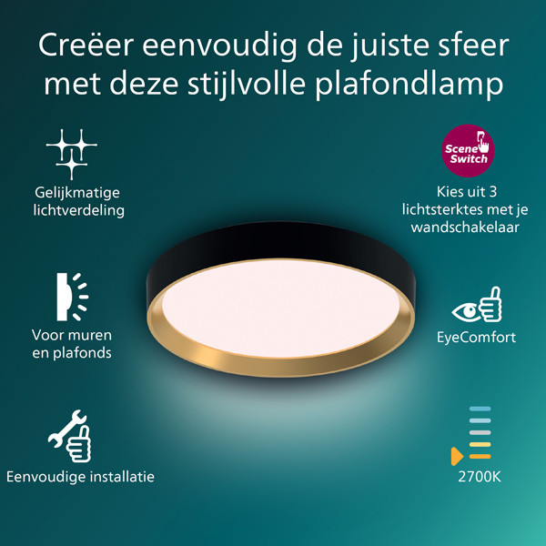 Philips Hanno plafondlamp | Ultra Efficient | SceneSwitch | 2700K | Ø 38.4 cm | Zwart/Goud | 24W  LPH03744 - 3