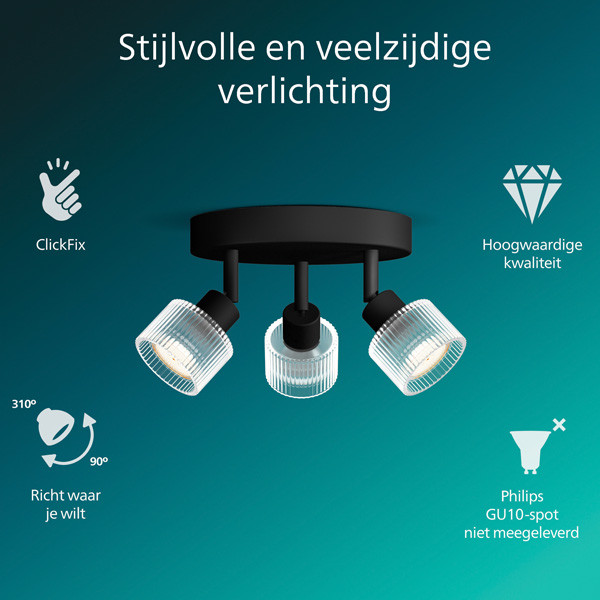 Philips Horen Led Opbouwspot | 3 spots | Ronde basisplaat | Zwart | GU10 fitting LPH05071 - 2
