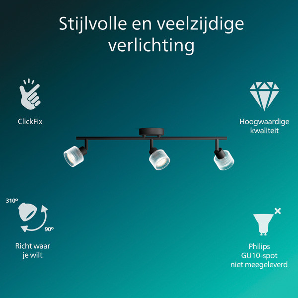 Philips Horen Led Opbouwspot | 3 spots | Zwart | GU10 fitting LPH05070 - 2
