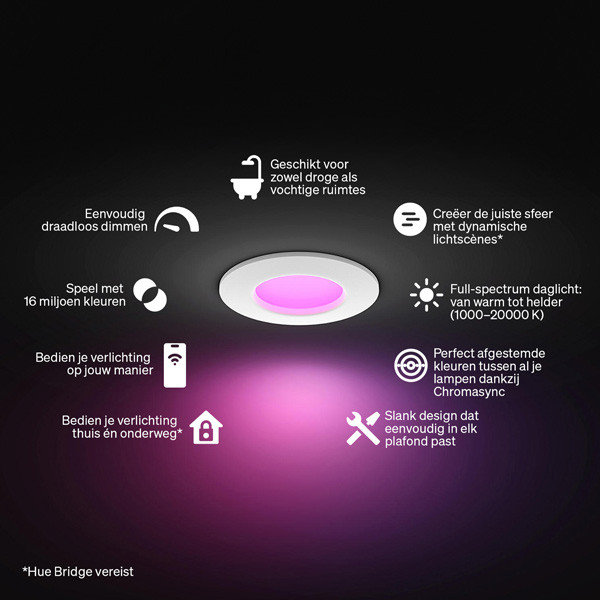 Aanbieding: 3x Philips Hue Slimme LED Downlight | Rond | Ø 9 cm | IP44 | White & Color Ambiance | Wit | Zigbee | 8.3W LPH05053 - 2
