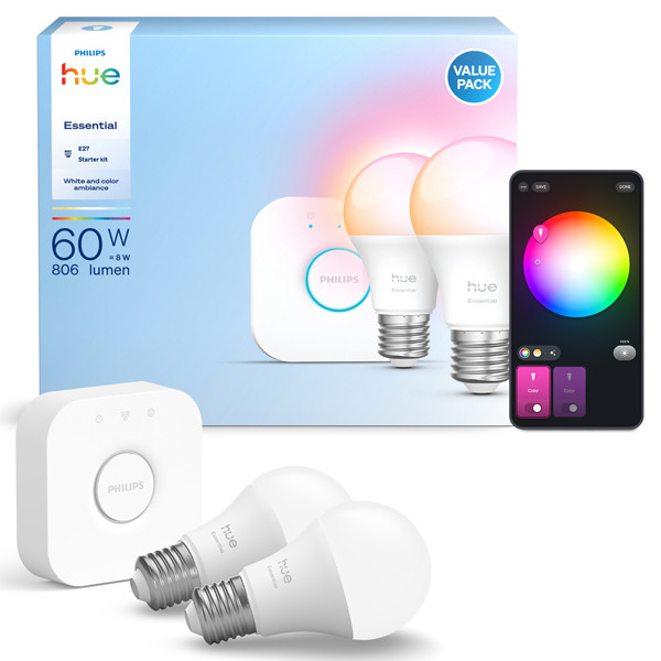 Philips Hue Essential Starterkit E27 | Peer A60 | RGB + 2200-6500K | 2 lampen, 1 bridge LPH04574 - 1