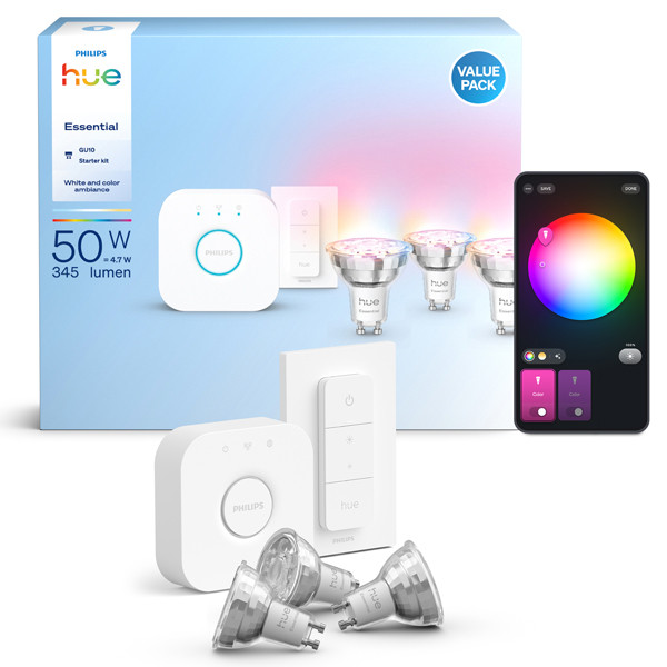 Philips Hue Essential Starterkit GU10 | RGB + 2200-6500K | 3 lampen, 1 dimmer en 1 bridge LPH04573 - 1