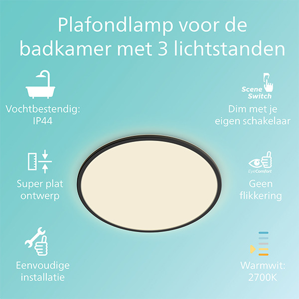 Philips LED Plafondlamp | Superslim | Ø 30 cm | Rond | 2700K | IP44 | Zwart | Dimbaar | 18W LPH04806 - 3
