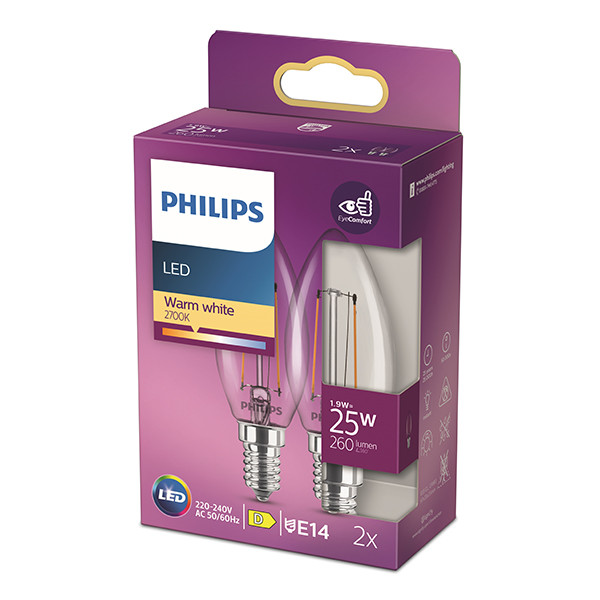 Philips LED lamp E14 | Kaars B35 | Filament | 2700K | 1.9W (25W) | 2 stuks LPH04164 - 3