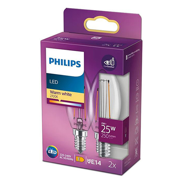 Philips LED lamp E14 | Kaars B35 | Filament | 2700K | 2W (25W) 2 stuks  LPH02445 - 1