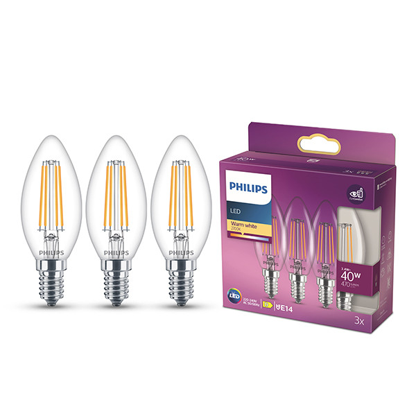 Philips LED lamp E14 | Kaars B35 | Filament | 2700K | 3.4W (40W) | 3 stuks LPH04190 - 1