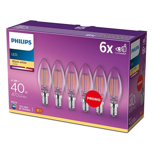 Philips LED lamp E14 | Kaars B35 | Filament | 2700K | 4.3W (40W) | 6 stuks LPH03079 - 1