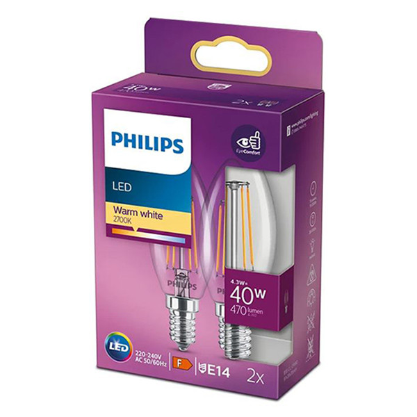 Philips LED lamp E14 | Kaars B35 | Filament | 2700K | 4.3W (40W) 2 stuks  LPH02446 - 1