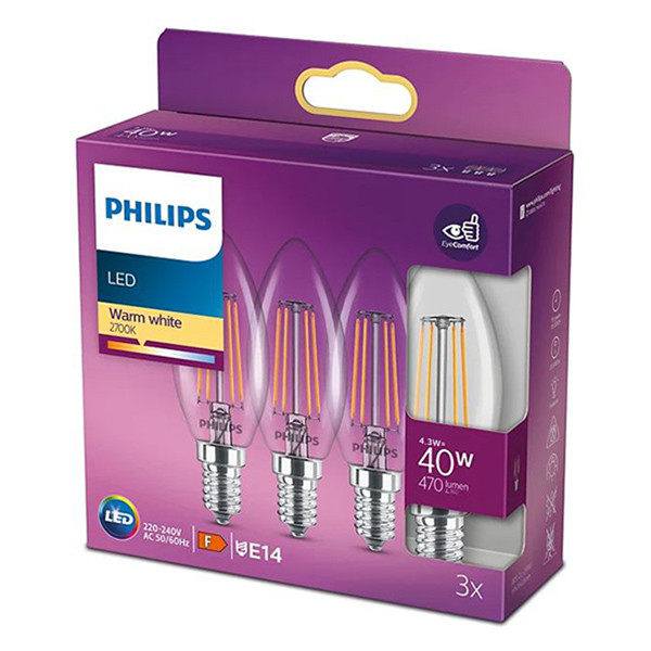 Philips LED lamp E14 | Kaars B35 | Filament | 2700K | 4.3W (40W) 3 stuks  LPH02448 - 1