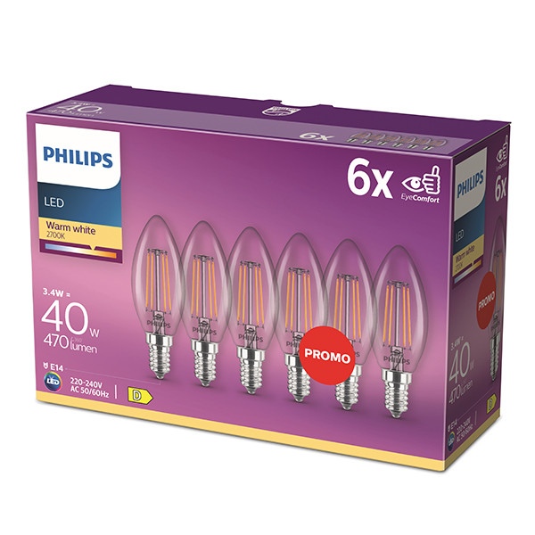 Philips LED lamp E14 | Kaars B35 | Filament | Helder | 2700K | 3.4W (40W) | 6 stuks LPH04191 - 3