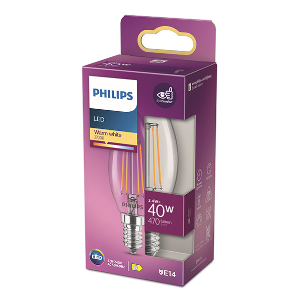 Philips LED lamp E14 | Kaars B35 | Filament | Helder | 2700K | 3.4W (40W) LPH04188 - 3