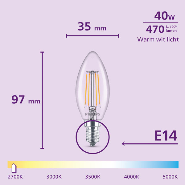 Philips LED lamp E14 | Kaars B35 | Helder | 2700K | 3.4W (40W) | 3 stuks LPH04980 - 2