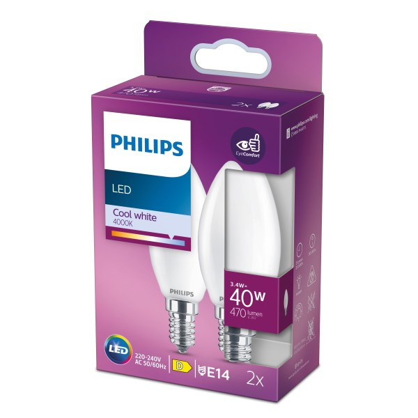 Philips LED lamp E14 | Kaars B35 | Mat | 4000K | 3.4W (40W) | 2 stuks LPH04987 - 2