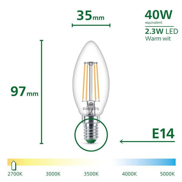 Philips LED lamp E14 | Kaars B35 | Ultra Efficient | Filament | 2700K | 2.3W (40W) | 3 stuks  LPH03968 - 3
