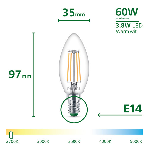 Philips LED lamp E14 | Kaars B35 | Ultra Efficient | Filament | Helder | 2700K | 3.8W (60W) LPH04549 - 3