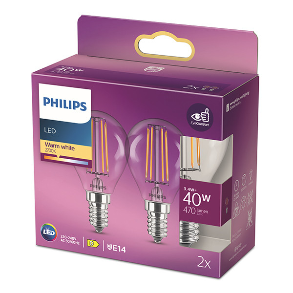 Philips LED lamp E14 | Kogel P45 | Filament | 2700K | 3.4W (40W) | 2 stuks LPH04269 - 3