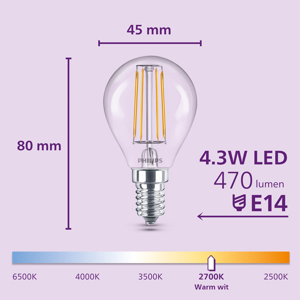 Philips LED lamp E14 | Kogel P45 | Filament | 2700K | 4.3W (40W) | 6 stuks LPH04840 - 2
