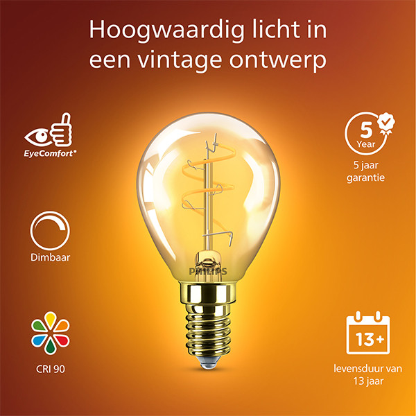 Philips LED lamp E14 | Kogel P45 | Filament | Goud | 1800K | Dimbaar | 2.7W (15W) LPH04114 - 2