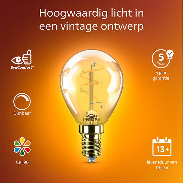 Philips LED lamp E14 | Kogel P45 | Filament | Goud | 2200K | Dimbaar | 3.1W (25W) LPH04118 - 2