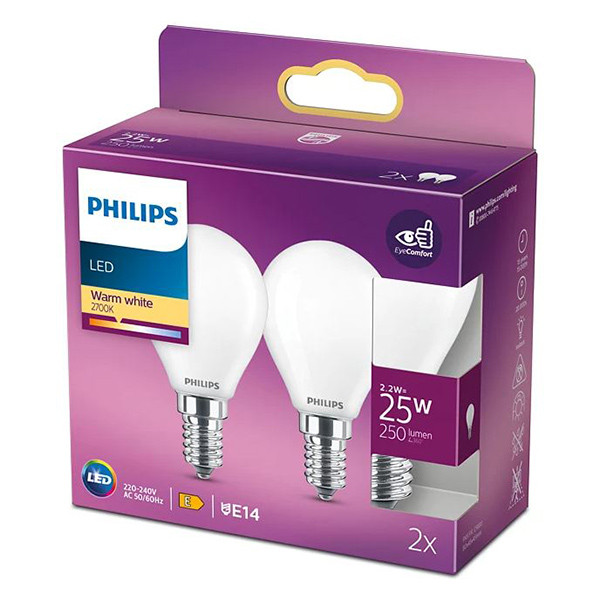 Philips LED lamp E14 | Kogel P45 | Mat | 2700K | 2.2W (25W) 2 stuks  LPH02392 - 1