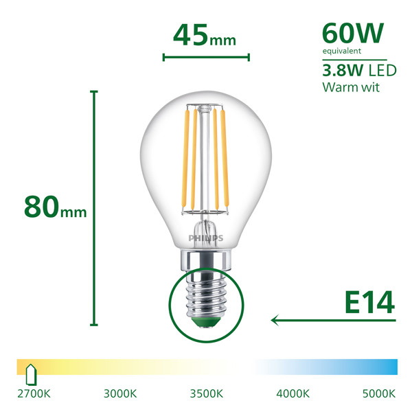Philips LED lamp E14 | Kogel P45 | Ultra Efficient | Filament | Helder | 2700K | 3.8W (60W) LPH04553 - 3