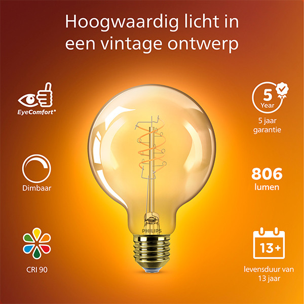 Philips LED lamp E27 | Globe G125 | Filament | Goud | 2200K | Dimbaar | 7.3W (60W) LPH04086 - 2