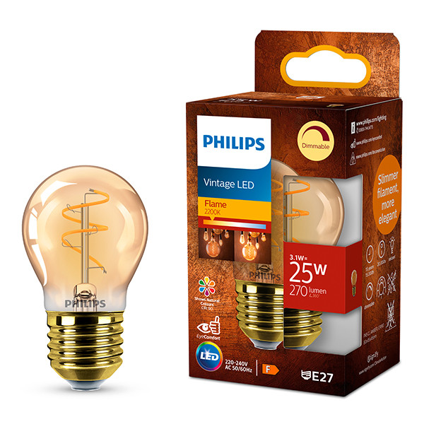 Philips LED lamp E27 | Kogel P45 | Filament | Goud | 2200K | Dimbaar | 3.1W (25W) LPH04120 - 1