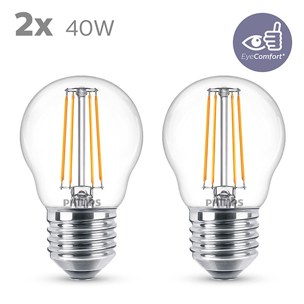 Philips LED lamp E27 | Kogel P45 | Filament | Helder | 2700K | 3.4W (40W) | 2 stuks LPH04205 - 2