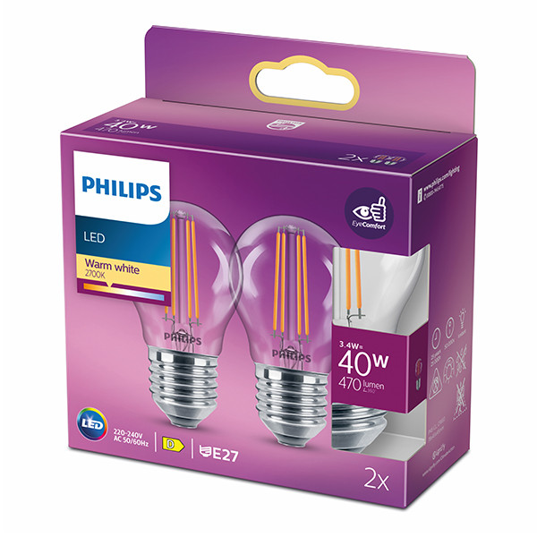 Philips LED lamp E27 | Kogel P45 | Filament | Helder | 2700K | 3.4W (40W) | 2 stuks LPH04205 - 3