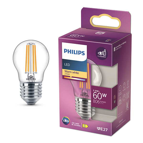 Philips LED lamp E27 | Kogel P45 | Filament | Helder | 2700K | 5.9W (60W) LPH04233 - 1