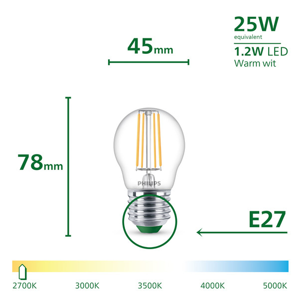 Philips LED lamp E27 | Kogel P45 | Ultra Efficient | Filament | Helder | 2700K | 1.2W (25W) LPH04569 - 3