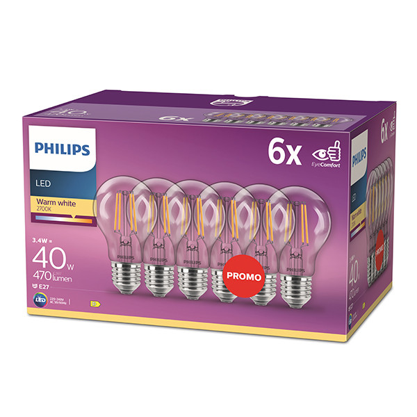 Philips LED lamp E27 | Peer A60 | Filament | 2700K | 3.4W (40W) | 6 stuks LPH04215 - 3