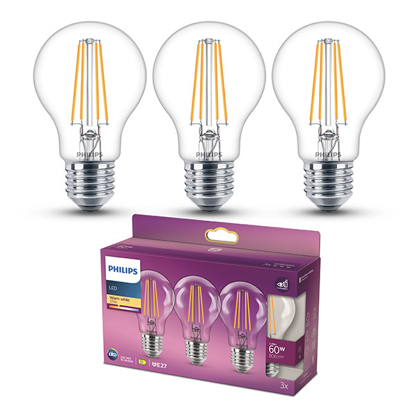 Philips LED lamp E27 | Peer A60 | Filament | 2700K | 5.9W (60W) | 3 stuks LPH04241 - 1