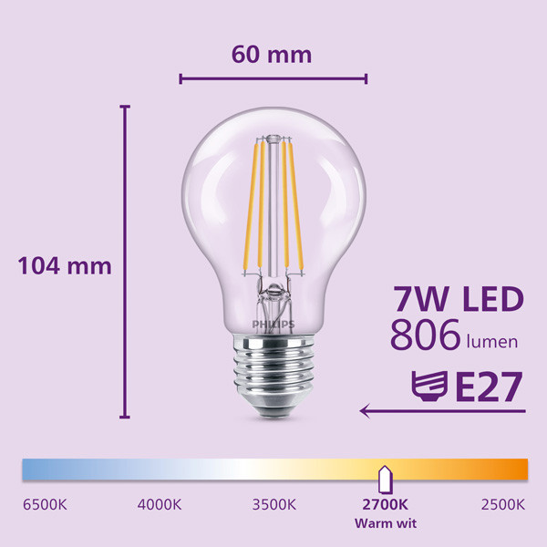 Philips LED lamp E27 | Peer A60 | Filament | 2700K | 7W (60W) 6 stuks LPH04841 - 2