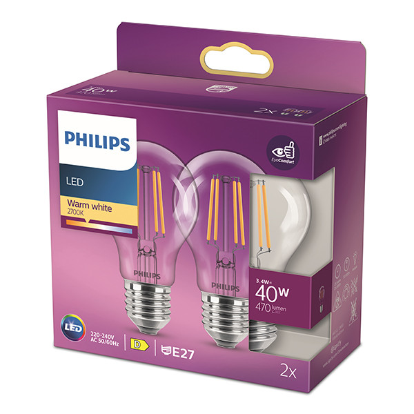 Philips LED lamp E27 | Peer A60 | Filament | Helder | 2700K | 3.4W (40W) | 2 stuks LPH04213 - 3