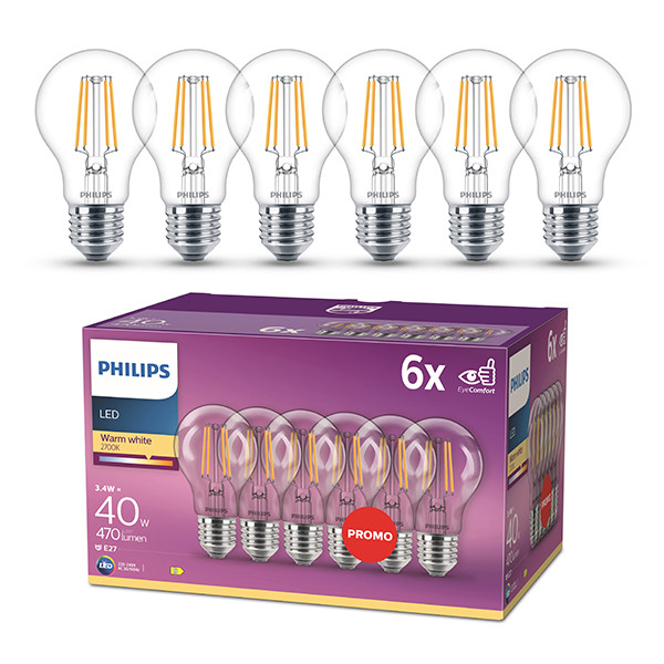 Philips LED lamp E27 | Peer A60 | Filament | Helder | 2700K | 3.4W (40W) | 6 stuks LPH04215 - 1