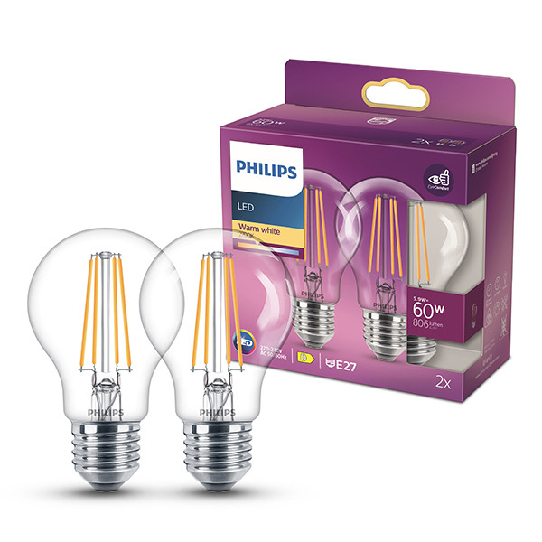 Philips LED lamp E27 | Peer A60 | Filament | Helder | 2700K | 5.9W (60W) | 2 stuks LPH04240 - 1