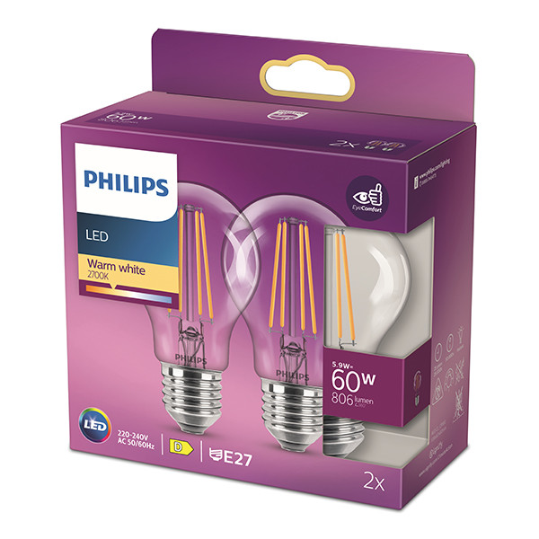Philips LED lamp E27 | Peer A60 | Filament | Helder | 2700K | 5.9W (60W) | 2 stuks LPH04240 - 3
