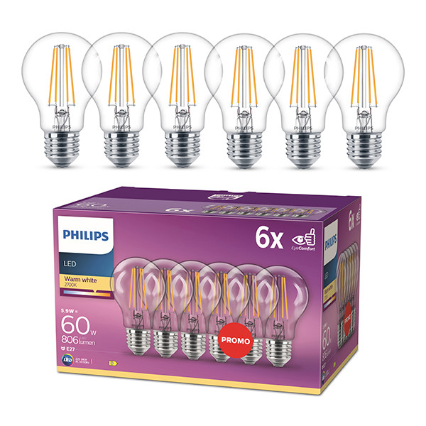 Philips LED lamp E27 | Peer A60 | Filament | Helder | 2700K | 5.9W (60W) | 6 stuks LPH04242 - 1