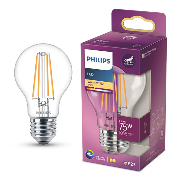 Philips LED lamp E27 | Peer A60 | Filament | Helder | 2700K | 7.8W (75W) LPH04259 - 1