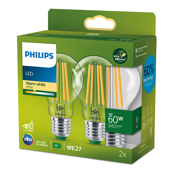 Philips LED lamp E27 | Peer A60 | Ultra Efficient | Filament | Helder | 2700K | 4W (60W) | 2 stuks LPH04952 - 1
